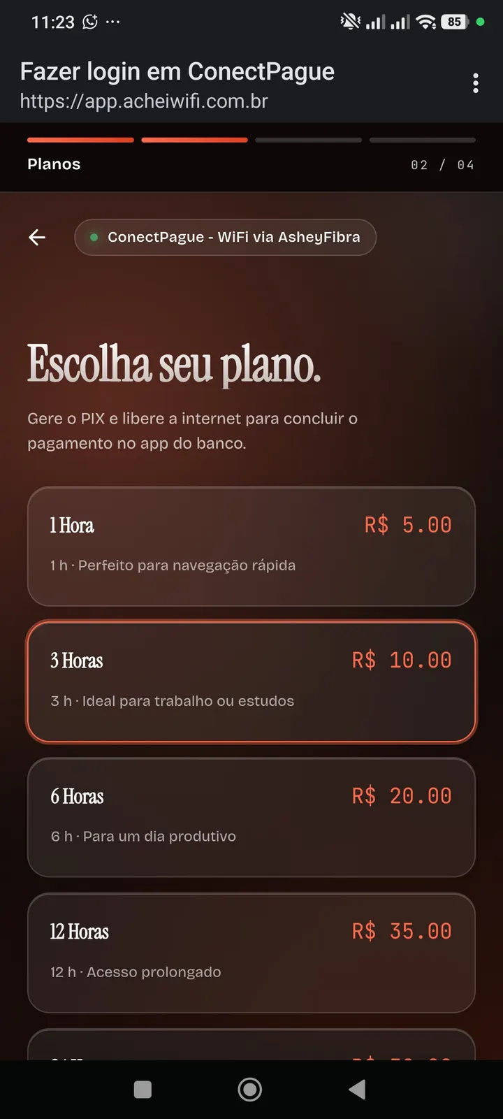 Portal cativo do AcheiWiFi: tela de escolha de plano com valores de R$5 (1h) a R$35 (12h), pagos por PIX